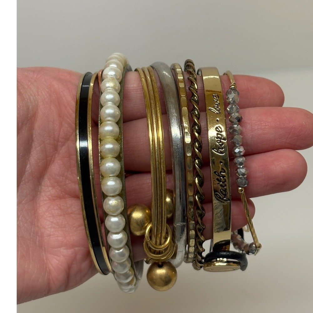 Mixed Metal Bangle Bracelet Set 8pc Gold Silver Pearl Faith Hope Love
